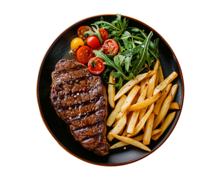 Grilled sliced beef steak with French fries and tomatoes on white plate