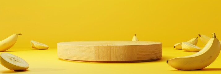 Minimal wooden pedestal for product presentation in yellow background, fruit banana around