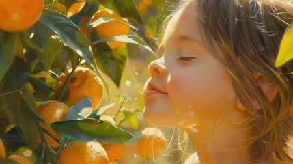 A young girl intimately engaging with the scent of a fresh citrus fruit in a sunlit grove. A young girl inhales the fresh scent of an orange amidst the warm glow of a citrus grove at sunset. AIG50