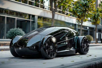 A sleek, futuristic black car parked on a city street. Its innovative design and glossy finish highlight the advancements in automotive technology and modern urban aesthetics