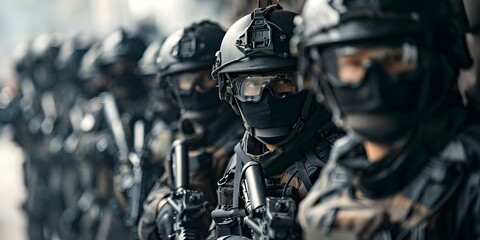 Photo of SWAT team on duty shot during operation. Concept Law Enforcement, Special Weapons and Tactics, SWAT Operation, Tactical Gear, Urban Warfare