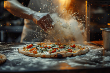 Chef dusted with flour preparing a tomato and basil pizza in a restaurant kitchen