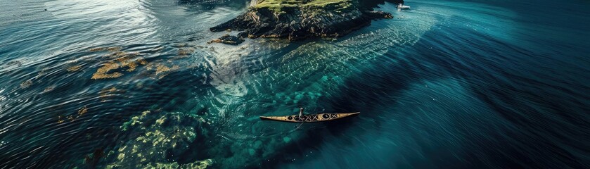 Obraz premium Aerial view of a kayaker paddling near an island in clear blue water, surrounded by the beauty of nature's serene landscapes.