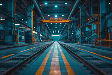 Obraz premium An expansive, brightly lit factory interior with parallel rail tracks. The clean, industrial environment exudes modernity and precision, highlighting advanced manufacturing processes