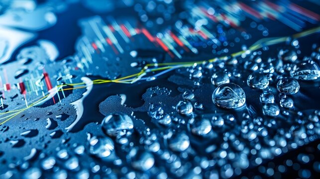 Water droplets splashing with stock market investment chart running through, symbolizing selling hydration as a commodity