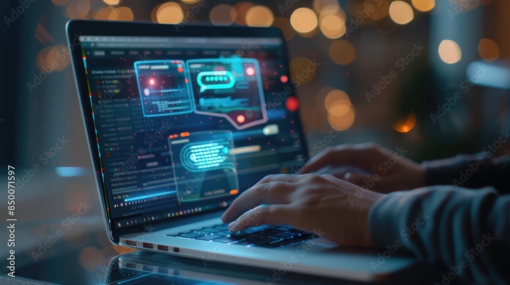 Poster close-up of a laptop screen showing a chatbot interface powered by artificial intelligence, with a u
