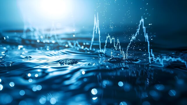 Water droplets splashing with stock market investment chart running through, symbolizing selling hydration as a commodity