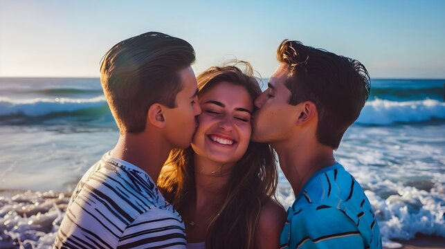 One Woman With Two Boyfriends Polyamorous Romance Trio Kissing