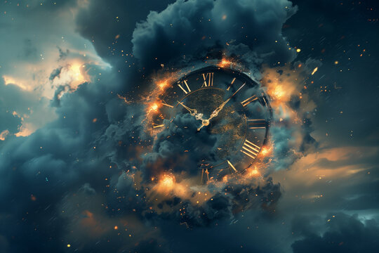 A massive clock face emerges from swirling storm clouds, glowing amidst the chaos. This surreal scene captures the essence of time's relentless passage even through turbulent moments