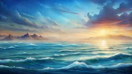 Obraz premium Blue sky and fluffy clouds stretch over a calm ocean landscape