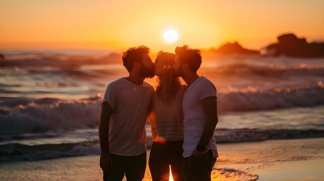 One Woman With Two Boyfriends Polyamorous Romance Trio Kissing In The Sunset At The beach