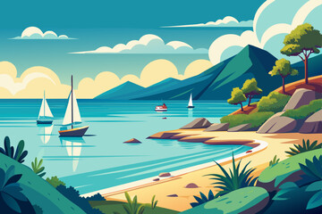 Naklejka premium A calm and peaceful seascape on a summer day, with sailboats vector illustration 