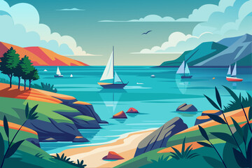 Naklejka premium A calm and peaceful seascape on a summer day, with sailboats vector illustration 