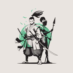 SAMURAI WARRIOR AND AFRICAN WOMEN WARRIOR ILLUSTRATION