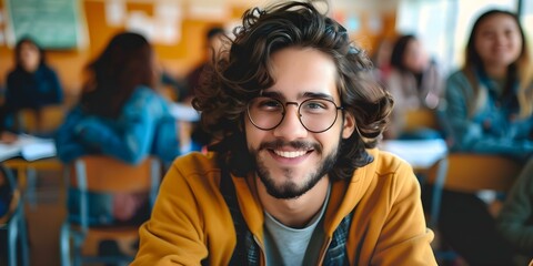 Obraz premium Engaged college student smiling and making eye contact in class. Concept Education, Engagement, College Life, Smiling, Eye Contact
