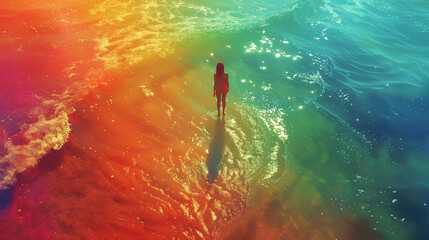 Fototapeta premium A Woman Standing in Vibrant Spectral Colors on a Sparkling Sea Surface: A Dreamy Aerial Abstraction with Environmental Awareness and Ultra High Definition Pastel Art