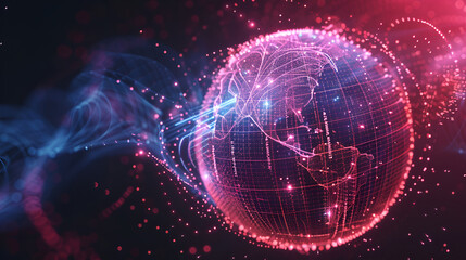 Obraz premium Earth surrounded by lines and dots, Map World representing the global network line wire frame banner on blue background, 3d rendering of earth on hi-tech futuristic technology abstract background