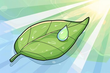 Cartoon cute doodles of a droplet of water refracting sunlight on a leaf, Generative AI
