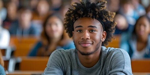 Fototapeta premium Confident black university student actively participating in a brightly lit classroom lecture. Concept University, Student, Classroom, Confidence, Lecture