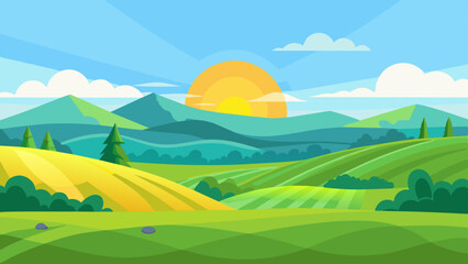 Obraz premium vector illustration of a beautiful summer fields landscape with a dawn, green hills, bright color blue sky