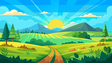 Obraz premium vector illustration of a beautiful summer fields landscape with a dawn, green hills, bright color blue sky