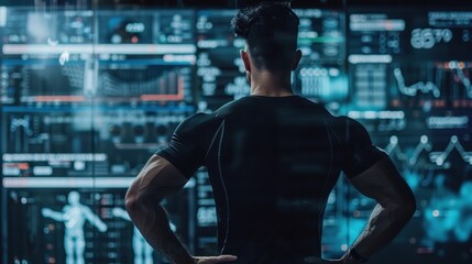 A person is walking on a treadmill with a glowing back. The image has a futuristic and sci-fi vibe to it