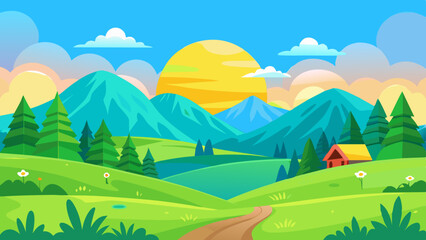Fototapeta premium vector illustration of a beautiful summer fields landscape with a dawn, green hills, bright color blue sky