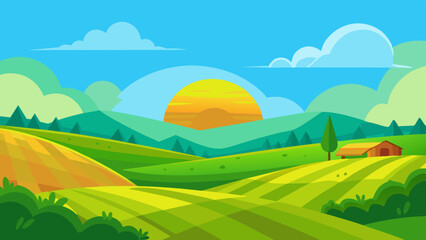Fototapeta premium vector illustration of a beautiful summer fields landscape with a dawn, green hills, bright color blue sky