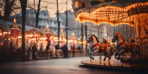 Naklejka premium City with beautiful carousels where people ride feeling happy and carefree. Concept Carousels, Happy City, Fun Rides, Carefree Moments, City Vibes