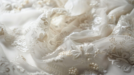 Bridal Embroidery: Exquisite White Fabric Close-Up - Luxurious and Elegant Texture - Minimal Background with Space for Text - High-Quality Wedding Visuals - Stunning Bridal Photography