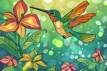 Cartoon cute doodles of a tiny hummingbird sipping nectar from a colorful flower, Generative AI