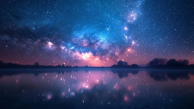 Meteor shower lighting up the night sky over a tranquil lake, reflections on the water, clear area for text Meteor shower, night sky, celestial event, serene reflections