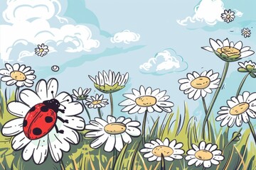 Cartoon cute doodles of a tiny ladybug exploring a field of daisies, Generative AI
