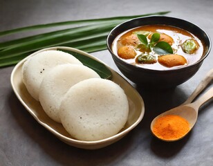 South Indian breakfast Idli, sambar and chutney served in banana leaf