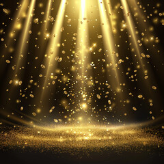 background with bokeh, spotlight on stage, fountain in night, gold glitter on the floor with light beams, golden christmas background, golden stars background, background with stars