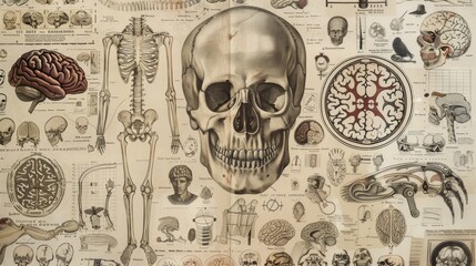 A detailed vintage collage featuring anatomical and medical illustrations, including a human skull, brain, skeleton, and various scientific diagrams, highlighting the history of medical science and an