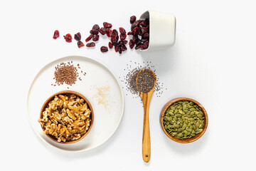 Dry nuts and seeds, still life, overhead view