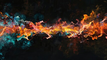 Fototapeta premium A dramatic horizontal line of intense flames set against a black background, showcasing the vibrant colors and dynamic movement of fire.