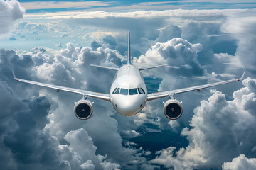 Fototapeta premium White passenger jet airplane soaring through a sky filled with stunning cloud formations, evoking the wonder of air travel