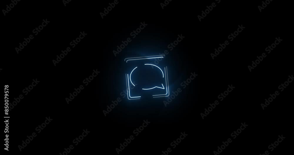 Aufkleber Neon light, speech bubble and icon with motion of animation or FAQ on a black background. Abstract sign, symbol or quote with glow, outline or loop of lines for communication, comment or feedback