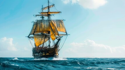 Fototapeta premium A vintage ship with yellow masts sailing through rough seas under a clear blue sky, capturing the adventure and challenge of maritime navigation.