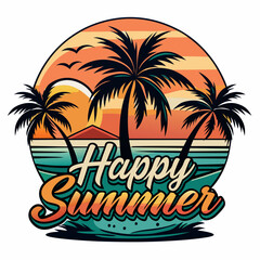 Vintage retro style happy summer t-shirt design with palm tree, sea beach and sunset