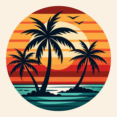 Vintage retro style summer T-shirt design with palm tree, sea beach and sunset
