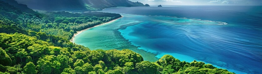 Fototapeta premium Aerial view of a tropical beach with lush green forest and turquoise water, perfect for travel and nature photography.