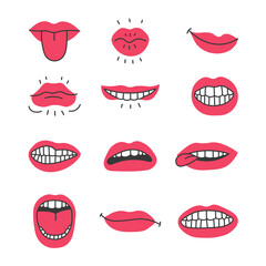 Mouth Facial Expression Set. Collection of hand drawn cartoon red lips white teeth and tongue showing various emotion. Flat design. Stickers. Vector illustration