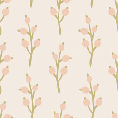 Pastel Berries Seamless Pattern. Cute gentle ornament with branches. Repeat vector illustration for wallpaper kids packaging fabric.