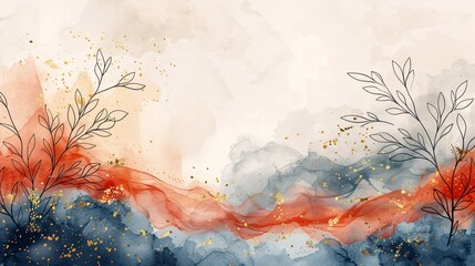 Minimal style abstract background with intricate golden botanical line art and watercolor shapes, perfect for elegant designs.