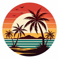 Vintage retro style summer T-shirt design with palm tree, sea beach and sunset