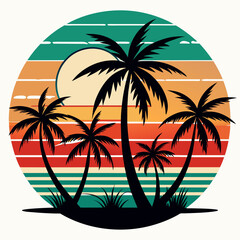 Vintage retro style summer T-shirt design with palm tree, sea beach and sunset