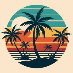 Vintage retro style summer T-shirt design with palm tree, sea beach and sunset